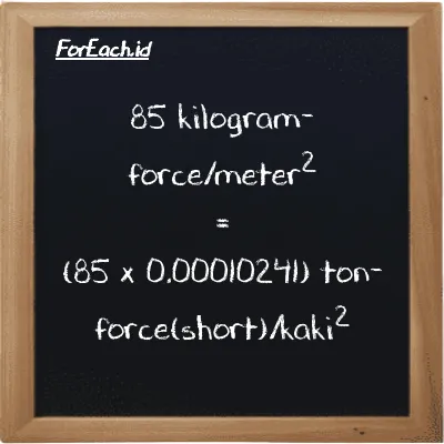 Cara konversi kilogram-force/meter<sup>2</sup> ke ton-force(short)/kaki<sup>2</sup> (kgf/m<sup>2</sup> ke tf/ft<sup>2</sup>): 85 kilogram-force/meter<sup>2</sup> (kgf/m<sup>2</sup>) setara dengan 85 dikalikan dengan 0.00010241 ton-force(short)/kaki<sup>2</sup> (tf/ft<sup>2</sup>)